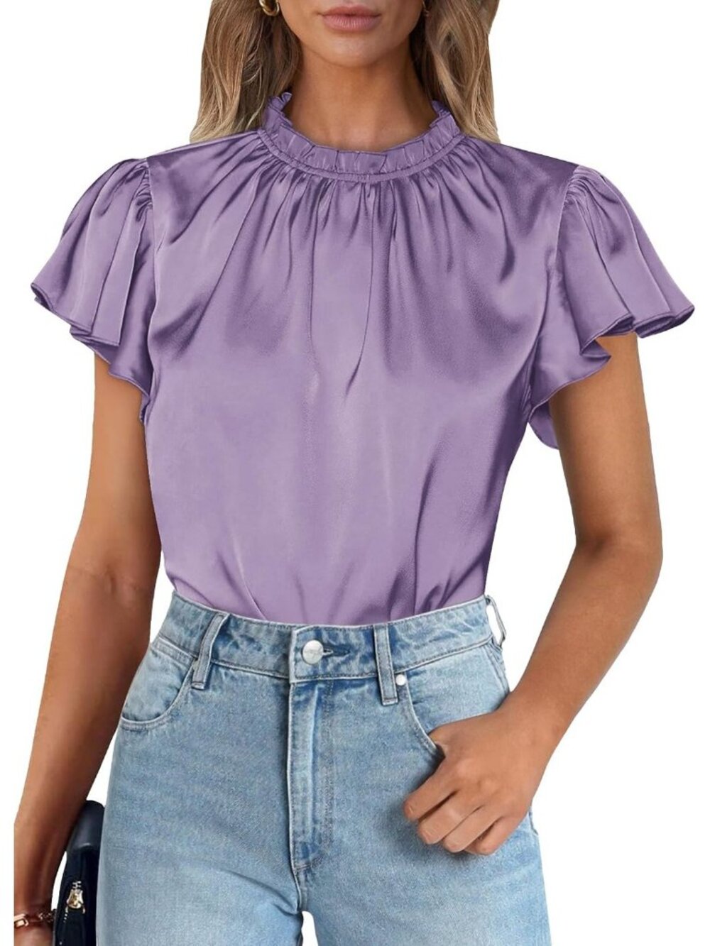 Women's Purple Satin Blouse Ruffled Neck Flutter Sleeve Office Silk Top